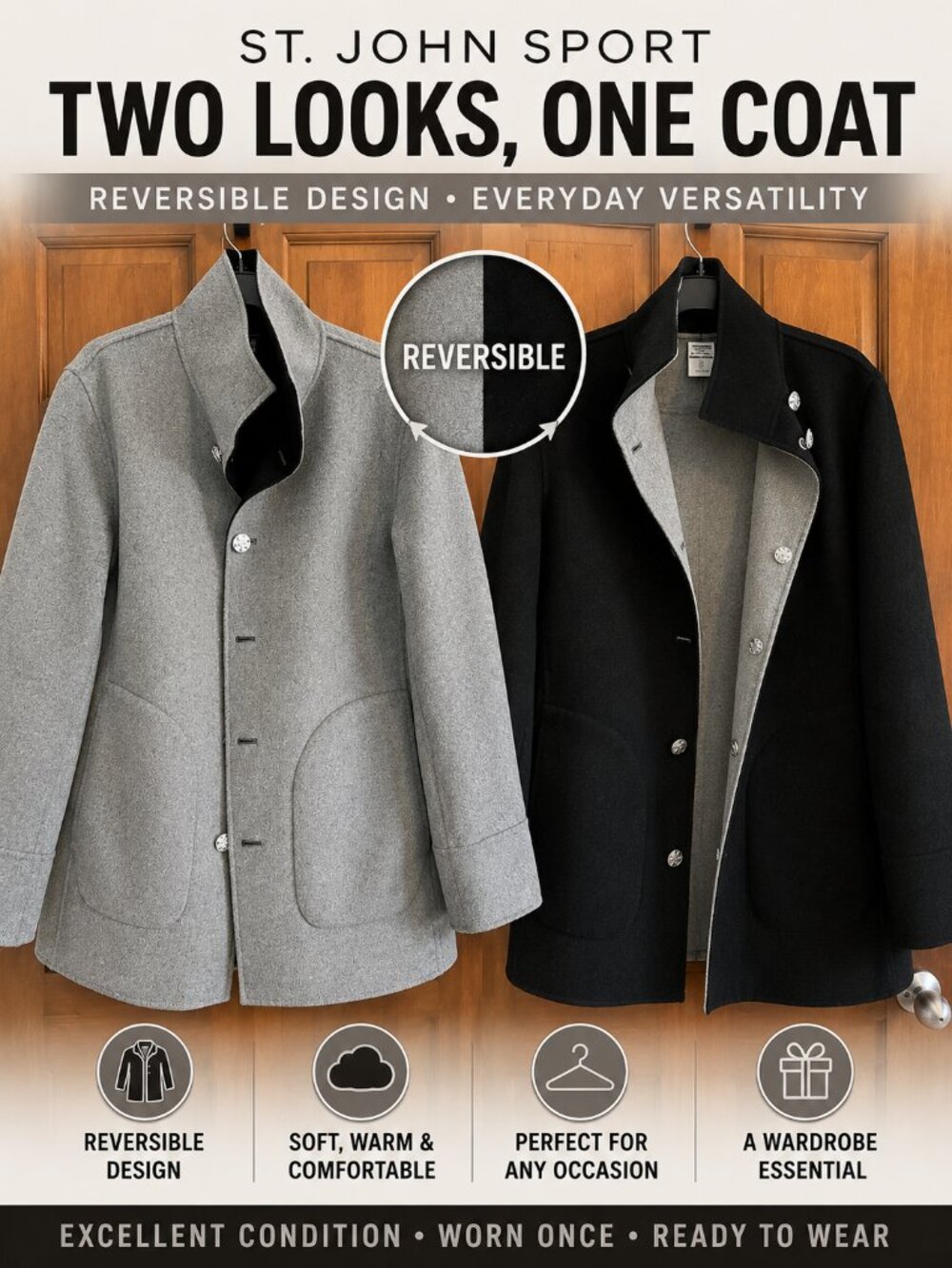 St. John Sport Reversible Black Gray Wool Blend Coat Jacket